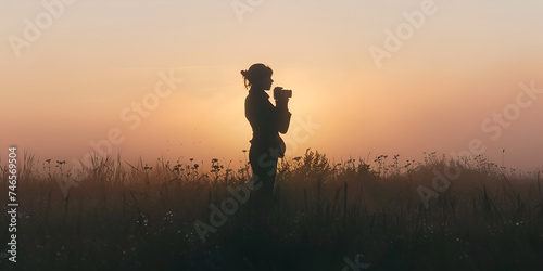 Silhouette of  girl photographer with his equipment during sunset, World photography day illustration with photographer taking pictures © m