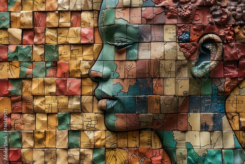A brilliant mosaic wall portraying a human facial silhouette, rich in texture and storytelling, symbolic of diversity and creativity