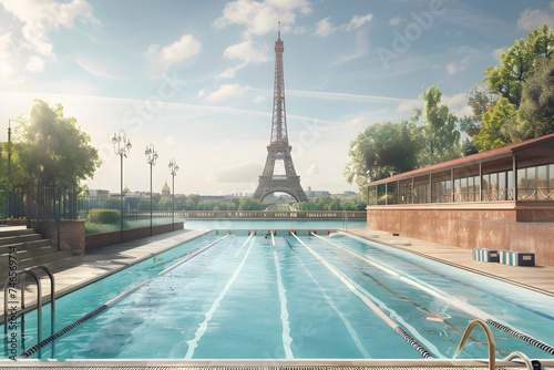 A fictional Olympic swimming pool with the Eiffel Tower in the background. Concept of the Paris 2024 Olympic Games photo