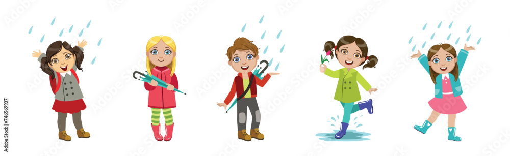 Cute Kids in Autumn at Rainy Day in Coat with Umbrella Vector Set