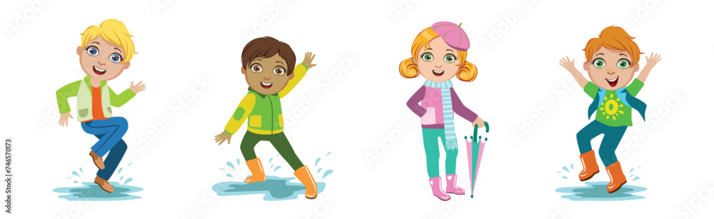 Cute Kids in Autumn at Rainy Day in Coat with Umbrella Vector Set