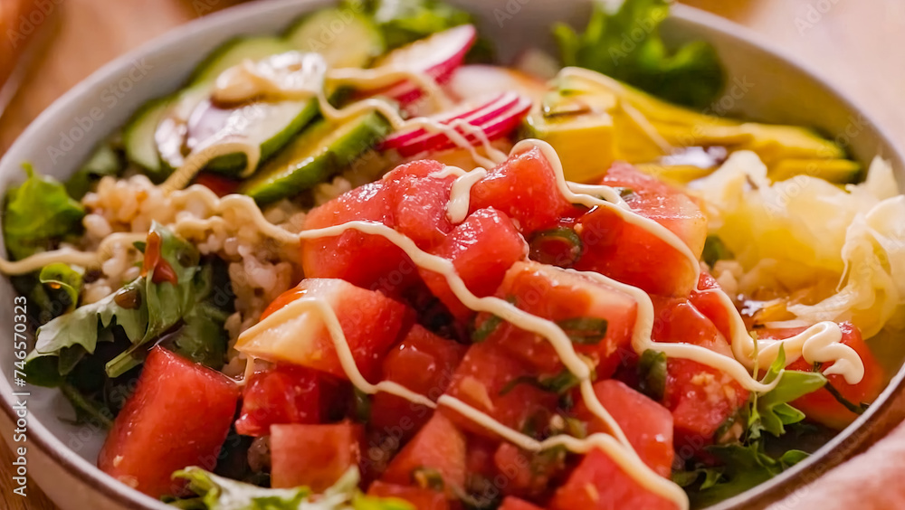 Fresh salad with vegetables, avocado, rise in bowl. Homemade delicious lunch buddha bowl salad with tomato for restaurant, menu, advert or package, close up selective focus Fresh salad with vegetables, avocado, rise in bowl. Homemade delicious lunch buddha bowl salad with tomato for restaurant, menu, advert or package, close up selective focus