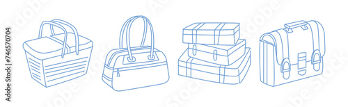 Luggage Bag and Baggage as Pack Tourism Object Line Vector Set