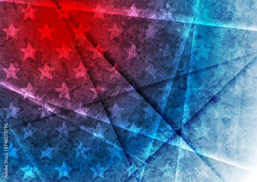 USA colors, stars and glowing stripes abstract grunge retro background. Independence Day modern design. Concept american flag. Vector illustration