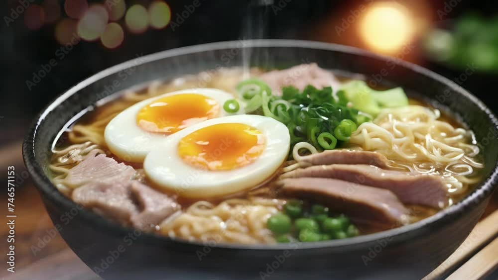 a steaming bowl of ramen with noodles, pork, egg, and scallions. a steaming bowl of ramen with noodles, pork, egg, and scallions.