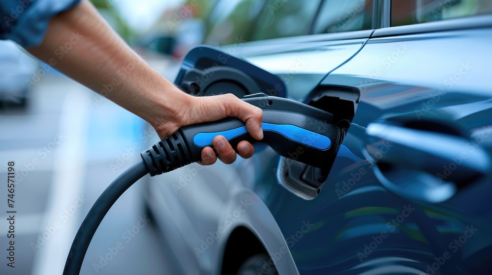 A hand holding an electric plug-in for hybrid car or electric vehicles at charging station point. A hand holding an electric plug-in for hybrid car or electric vehicles at charging station point.