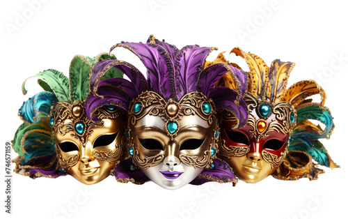 Mardi Gras Masks Arranged in a Festive Display Isolated on Transparent Background PNG.