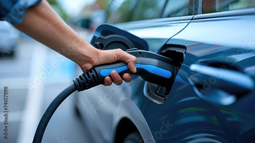 A hand holding an electric plug-in for hybrid car or electric vehicles at charging station point.