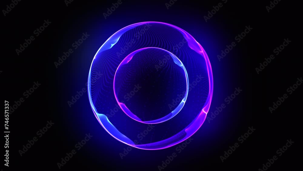 Bright glowing particle 3d sphere in the Universe. Abstract technology, science, engineering, and artificial intelligence background. Virtual assistant. Animated wave energy orb. Purple and blue.