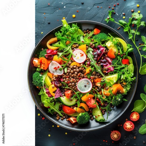Vegetarian green salad with lentils and vegetables