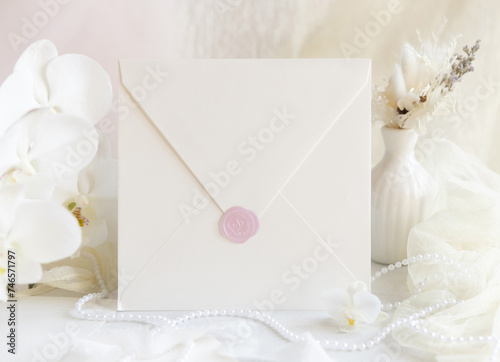 Fototapeta Naklejka Na Ścianę i Meble -  Envelope near white orchid flowers and decor close up, pastel romantic wedding mockup