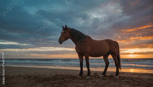 horse on the beach at sunset