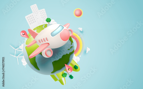Cute Airplane flying in the sky 3d art with beautiful world background