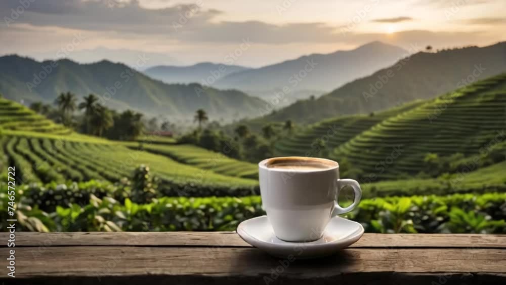 cup of coffee against the background of a field with a plantation cup of coffee against the background of a field with a plantation