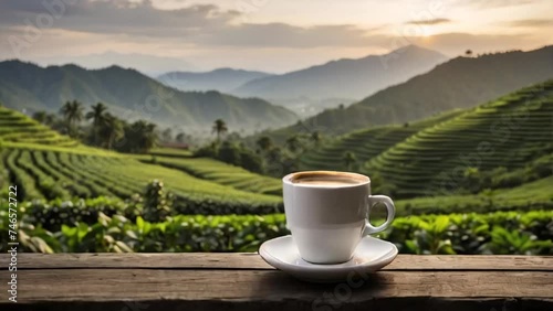cup of coffee against the background of a field with a plantation photo