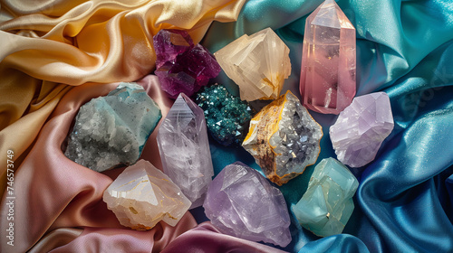 Assorted healing crystals on a silky cloth, variety of colors and shapes, luxurious and mystical, focusing on their unique properties