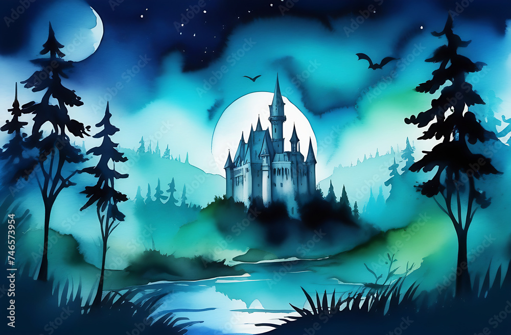 watercolor antique Gothic castle at night under the moon in a dense forest - obrazy, fototapety, plakaty 