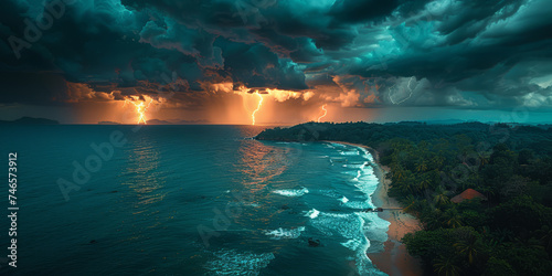 A dramatic evening storm with multiple lightning strikes over a dark, tropical coastline, capturing nature's raw power..