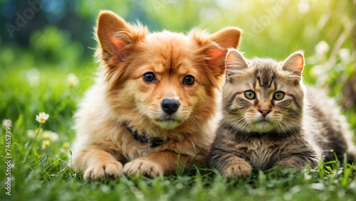 a cat and a dog lie together like friends in a sunny summer park on green grass. friendship between animals