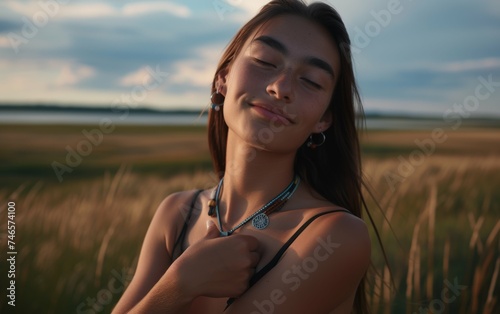 teenager stage, Native American individual. Illuminate them againstA nature with professional lighting, Their faces should express gratitude photo