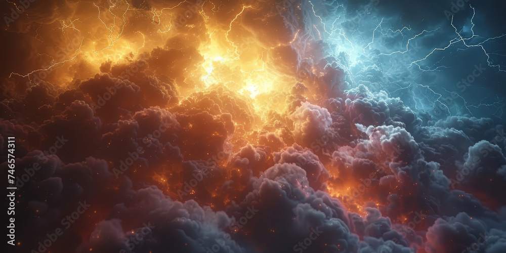 A breathtaking skyscape featuring a vibrant clash of lightning and fiery clouds, evoking the awe-inspiring energy of a thunderstorm.. A breathtaking skyscape featuring a vibrant clash of lightning and fiery clouds, evoking the awe-inspiring energy of a thunderstorm..