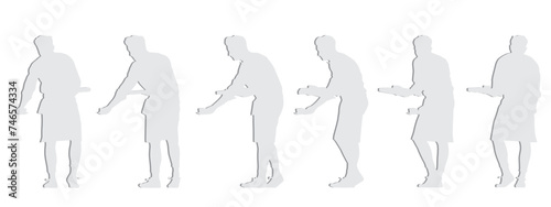 Vector concept conceptual gray paper cut silhouette of a male waiter serving coffe  from different perspectives isolated on white background. A metaphor for working, business, relaxation and lifestyle