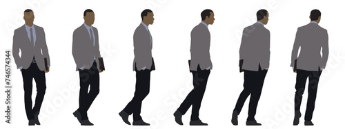 Vector concept conceptual silhouette of a businessman holding a laptop from different perspectives isolated on white background. A metaphor for success, business, confidence, leadership and vision