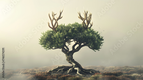 A conceptual image of a reindeer s antlers forming a tree. The shape of the antlers similar to that of a tree. The leaves of the tree green and lush. The roots of the tree strong and deep.