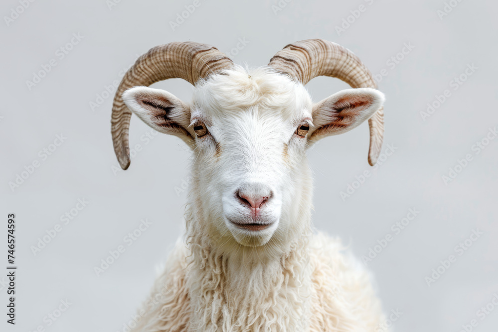A peaceful white goat with elegant curved horns lying down, presented on a clean white background, creating a minimalist aesthetic.. A peaceful white goat with elegant curved horns lying down, presented on a clean white background, creating a minimalist aesthetic..