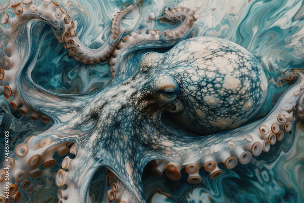 A close-up of an octopus overlaid with the swirling patterns of ocean currents in a double exposure A close-up of an octopus overlaid with the swirling patterns of ocean currents in a double exposure