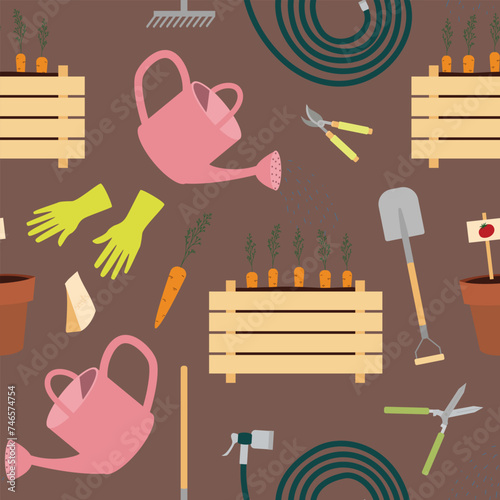 Seamless pattern with gardening equipment watering can, water hoses, seedling boxes, hedge shears, garden pruners, planting pots