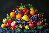Vibrant and colorful arrangement of various fresh fruits with lush green leaves, set against a dark, elegant backdrop..
