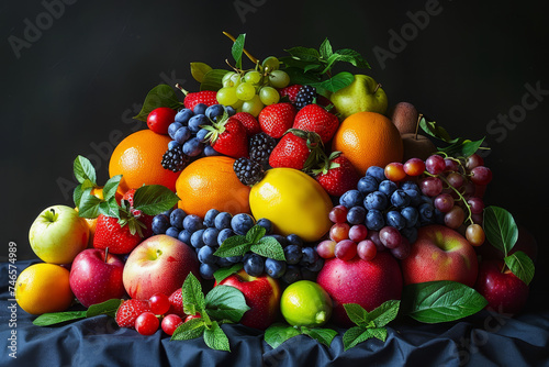 Vibrant and colorful arrangement of various fresh fruits with lush green leaves, set against a dark, elegant backdrop..