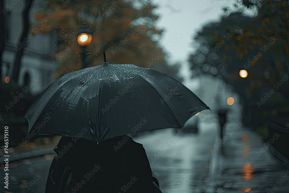 Rain falling on a black umbrella in a urban setting on gray dreary day