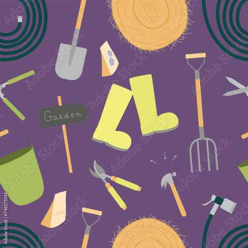 Seamless pattern with gardening pitchforks, shovels, hedge shears, garden pruners, rubber boots, water hoses