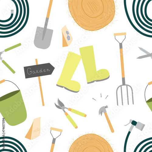 Seamless pattern with gardening pitchforks, shovels, hedge shears, garden pruners, rubber boots, water hoses