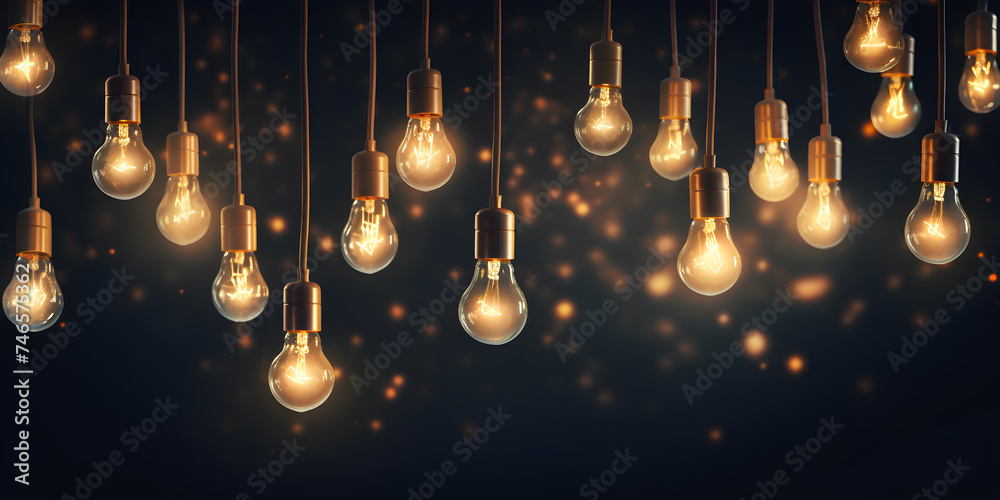 Obraz premium Hanging light bulbs on dark background. Cozy decoration indoor cafe or Christmas party vibe