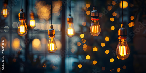 Hanging light bulbs on dark background. Cozy decoration indoor cafe or Christmas party vibe photo