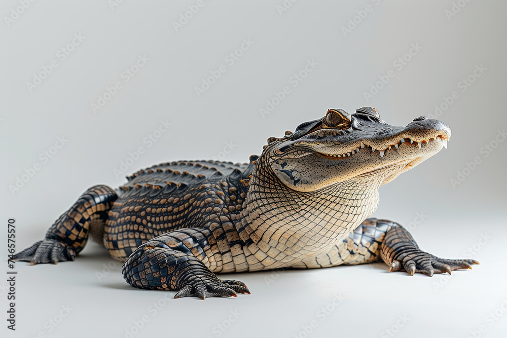 Naklejka premium crocodile with textured skin, isolated on a white background, showcasing its predatory features.