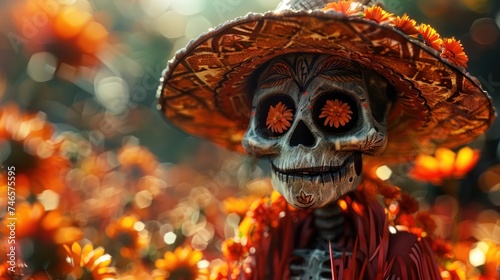 cartoon skull painted for the holiday in a mexican hat and orange flowers in the eye sockets, for cinco de mayo