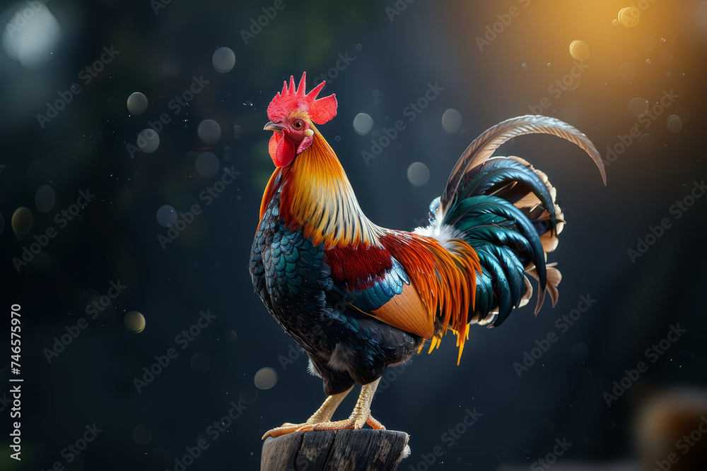 A majestic rooster stands atop a stump, its vibrant and colorful plumage gleaming against a softly blurred background with twilight bokeh..