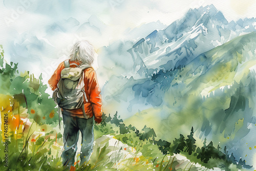 middle age hiker looking into the distance in mountains, watercolor painting, copy space, blue pastel color