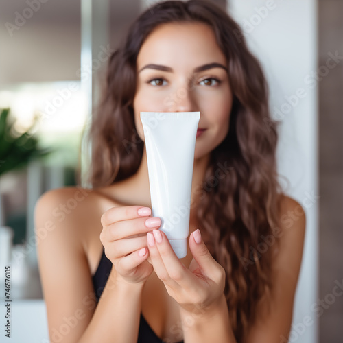 Wowan showing cosmetic tube mockup on blurred indoor background photo