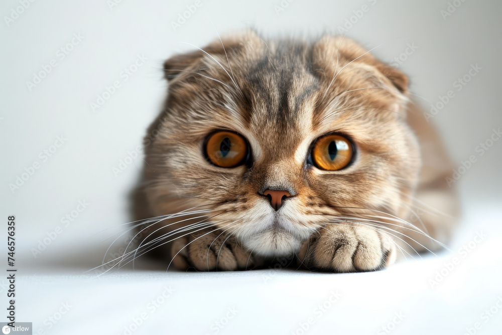 An adorable Scottish Fold kitten gazes curiously at the camera, its big, soulful eyes and folded ears capturing the heart, set against a pure white background..