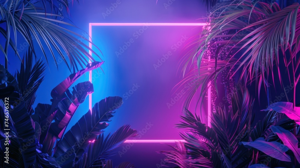 Fototapeta premium neon lights. Silhouettes of tropical rectangle, polygon frame, key, music, leaf, colorful smoke
