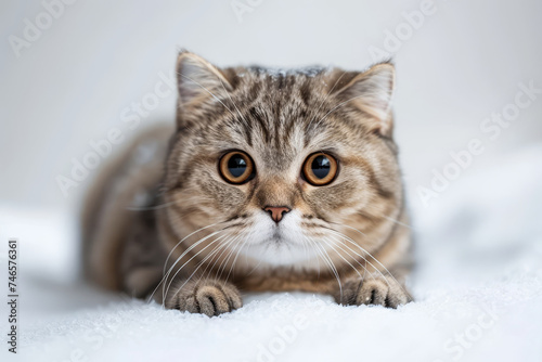 An adorable Scottish Fold kitten gazes curiously at the camera, its big, soulful eyes and folded ears capturing the heart, set against a pure white background..