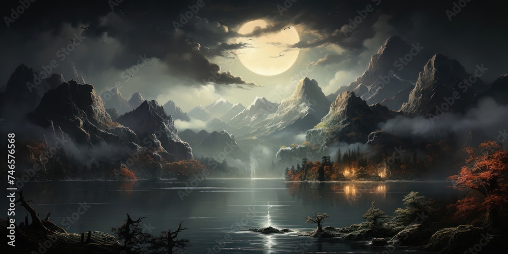 Mountain Lake With Full Moon Generative AI