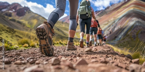 A group of hikers hiking the mountain trail, low angle photo