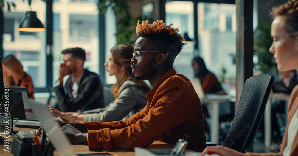 Group of young business people working and communicating while sitting at the office desk together with colleagues sitting in the background High detailed and high resolution