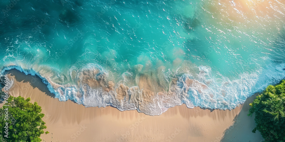 An aerial shot captures the stunning contrast between the golden sands of a serene beach and the turquoise waves gently lapping at the shore.. - obrazy, fototapety, plakaty 
